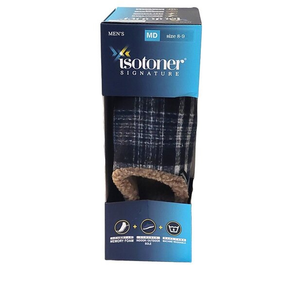 Isotoner Signature Men's Blue Plaid Memory Foam Indoor/Outdoor Slippers Size 8-9 - Picture 1 of 8